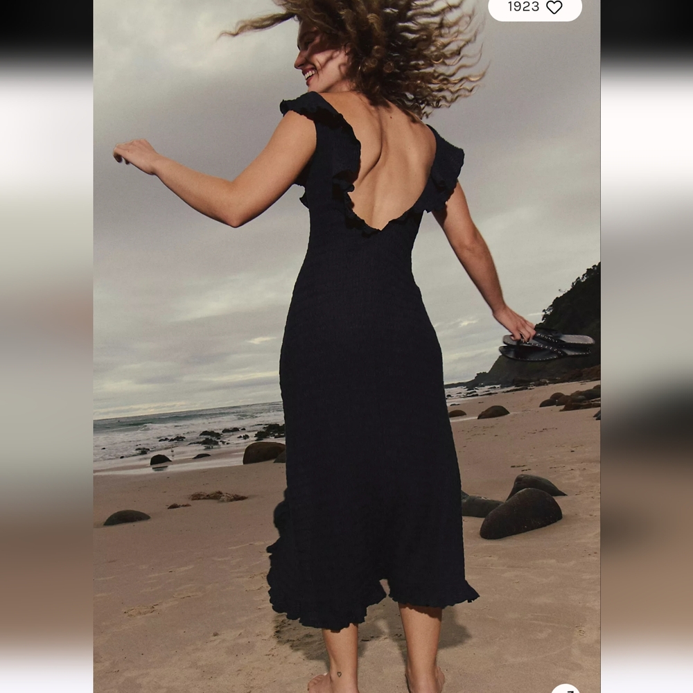 Free People Twisted Game Midi Dress Ruffle Neck Stretch Low Back Slit - Picture 4 of 8